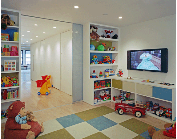 Modern sliding doors section off the play room yet allow light at Modern sliding doors section off the play room yet allow light at