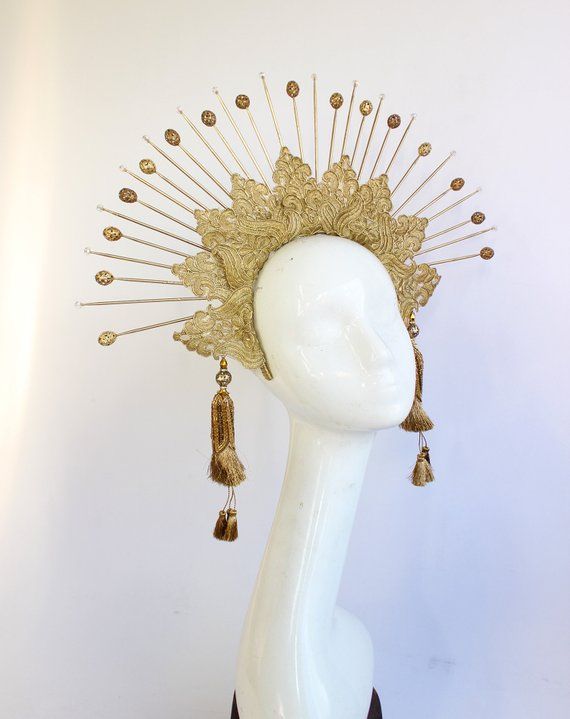 Sun Goddess Crown Headband, Halo Headpiece, Bridal Headdress, Virgin Mary, Saints, Burning Man, 6 Gold Spikes, Gold Tassels #crownheadband