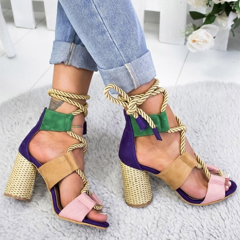 Taller heel sandals pointed fish mouth gladiator sandals woman pumps hemp rope high heels - pink / 8