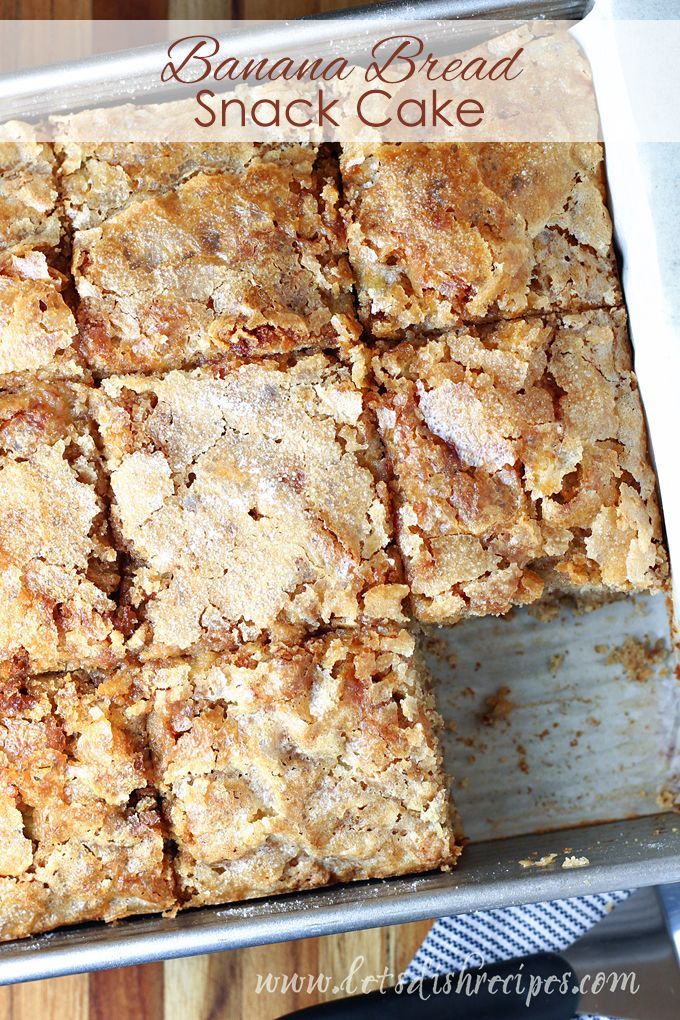 Banana Bread Snack Cake Recipe: Traditional banana bread is baked in a square pan and sprinkled with sugar to create a crunchy topping on this baked banana treat. #banana #bread #cake #baking #recipes Best Banana Bread, Baked Banana, Banana Bread Recipes, Banana Bars, Banana Cinnamon, Cinnamon Swirl, Banana Bread Brownies, Recipes With Bananas, Banana Muffins