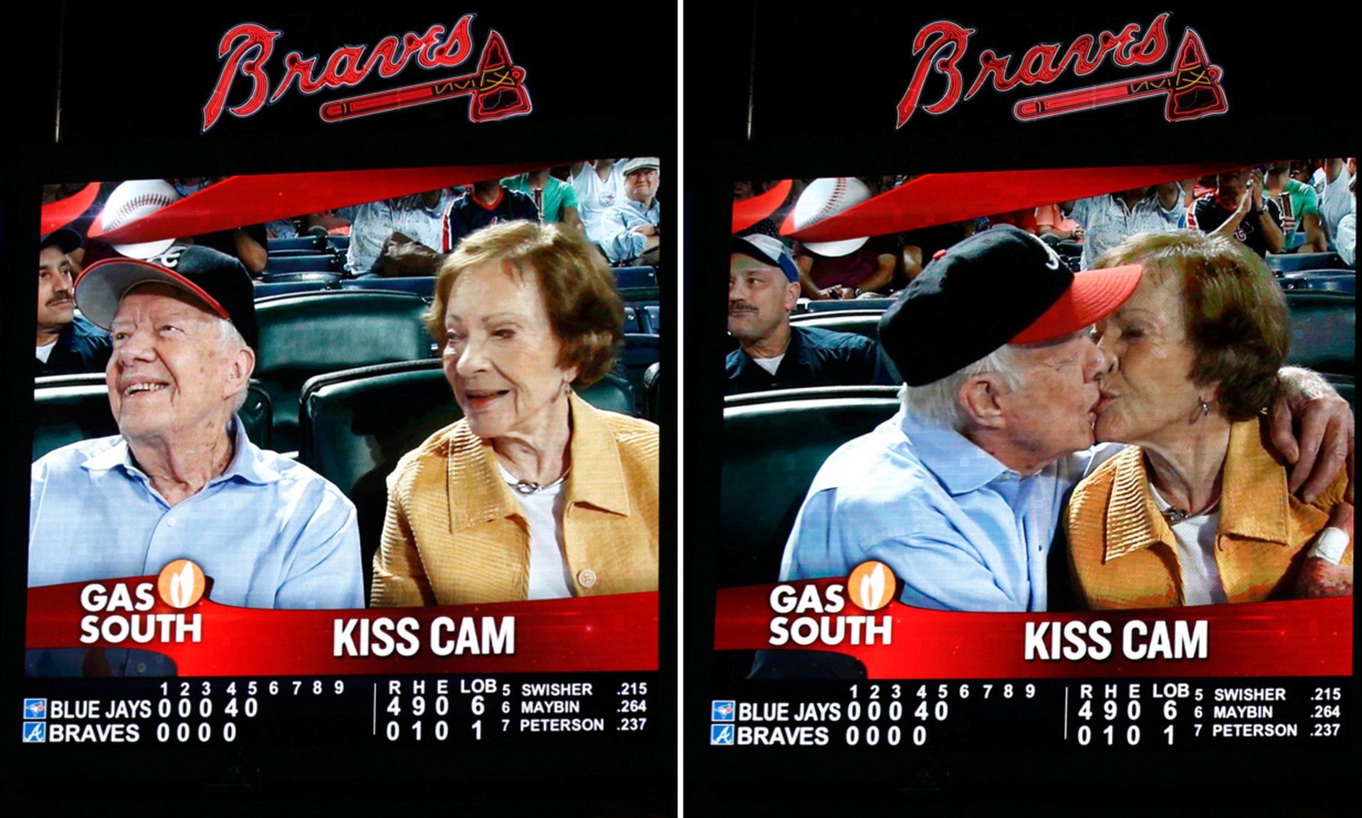 Jimmy Carter And Wife Rosalynn Appear On Kiss Cam At Atlanta Braves Baseball Game Turner Field