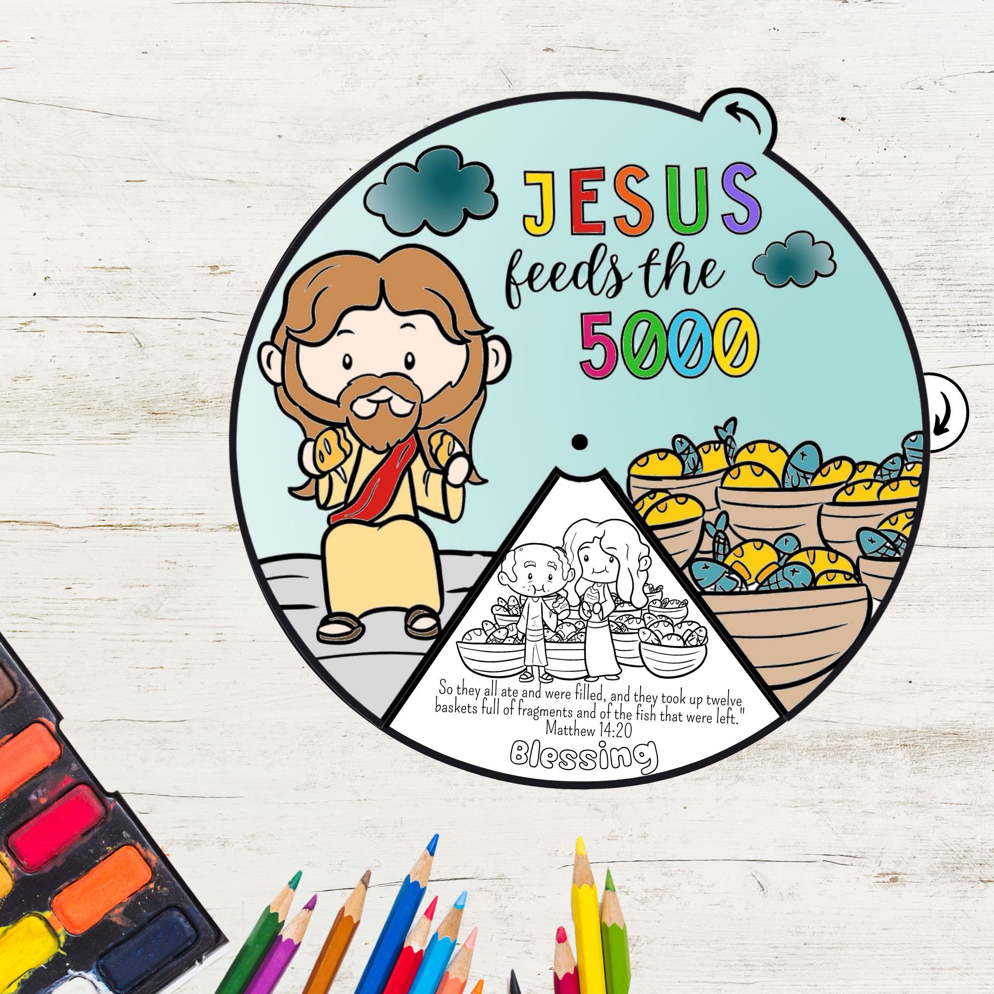 Jesus Feeds 5,000 Coloring Wheel, Jesus Miracle Coloring Wheel
