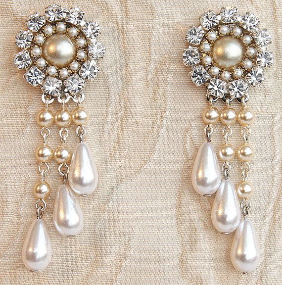 Bridal Chandelier Earrings Victorian Champagne Pearl Bridal Chandelier Earrings Jewelry Wedding Drop Vintage Pearl Rhinestone Victorian Silver Swarovski Crystal