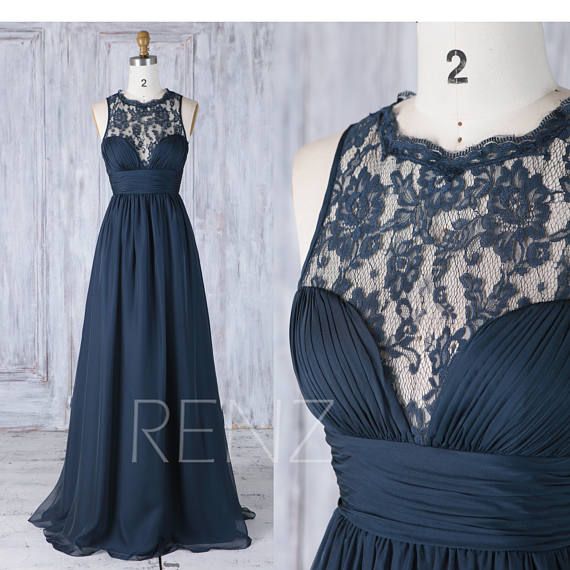 Bridesmaid Dress Navy Blue Chiffon Dress Wedding Dress Halter Prom Dress Illusion Lace Key Hole Back Maxi Dress A-Line Party Dress(H516A)