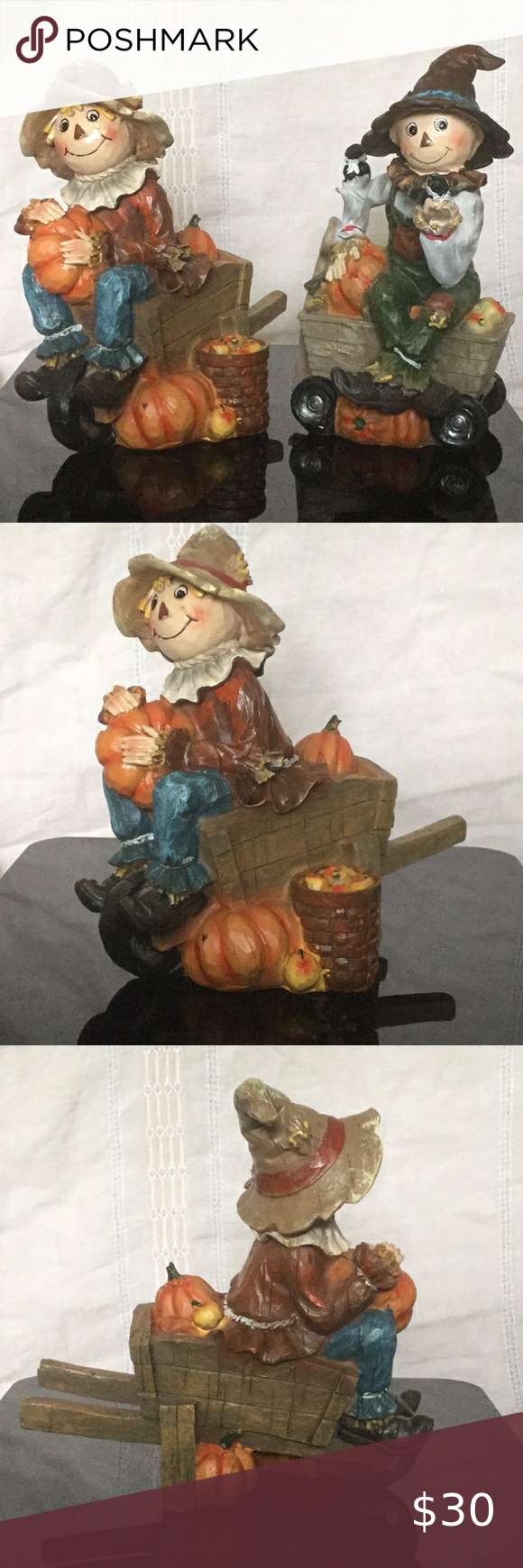 Vtg.2ResinHandPaintedScarecrows In Wagon&Whlbarrow Vtg. Two Whimsical ...