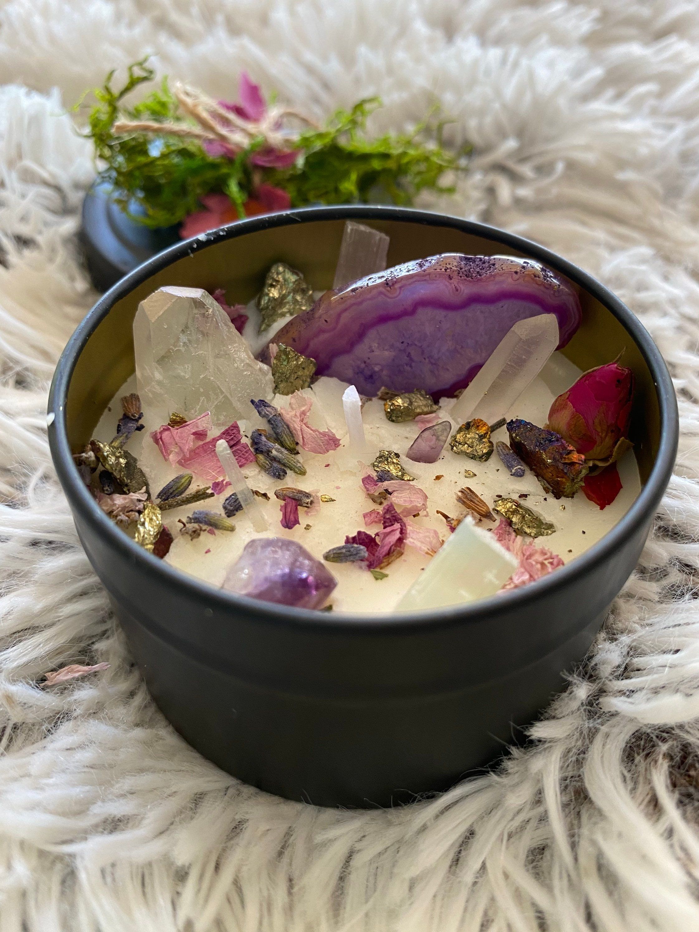 "These lovely lightly scented, crystal and floral, soy candles are each handmade with attention to detail. I love the vibrant floral colors and the positive energy of these crystals! Choose your size from the dropdown menu: 4 oz - 2.56\" diameter / 1.83\" tall 8 oz - 3.15\" diameter / 2.05\" tall TO ORDER: No two candles are alike. The stones and the flowers in your unique custom candle will vary. Please view the photos carefully. The flowers and colors you see in these candles are what I have a Unique Candles, Custom Candles, Best Candles, Diy Candles, Scented Candles, Witch Candles, Healing Candles, Candle Magic, Spiritual Candles