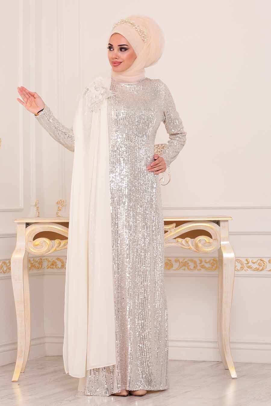 Tesetturlu Abiye Elbise Pul Payetli Ekru Tesettur Abiye Elbise 86150e Tesetturisland Com Dantel Geli Nli K Moda Stilleri Elbise