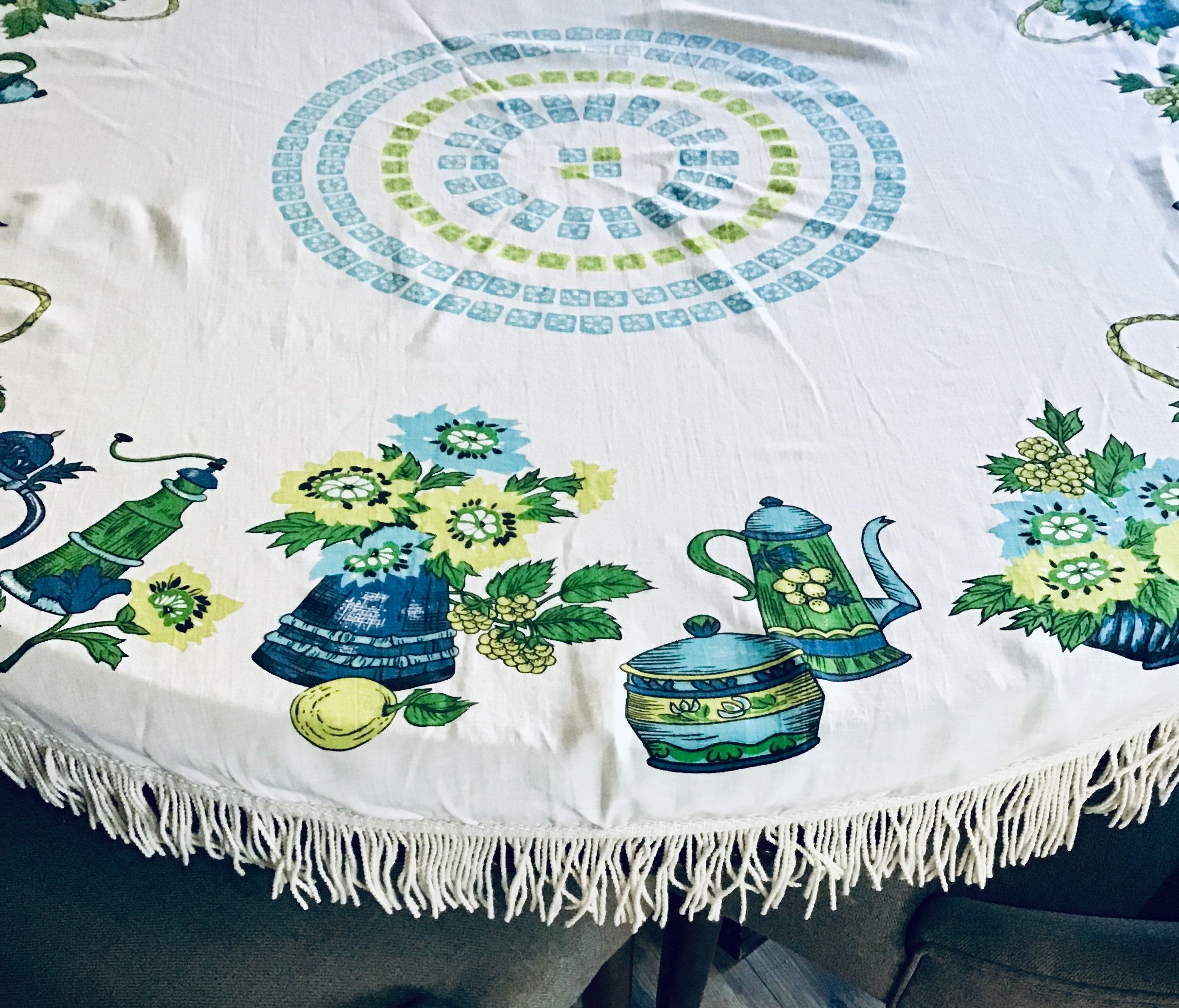 Vintage Round Tablecloth Blue And Green Cotton Tablecloths Table Cloth Round Tablecloth Vintage Tablecloths, Small Round Vintage Tablecloth