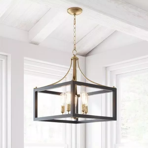 Hampton Bay Boswell Quarter 5 Light Vintage Brass Chandelier With Painted Black Distressed Wood Accents 7949hdcvbdi The Home Depot In 2021 Dinning Room Light Fixture Entryway Light Fixtures Gold Light Fixture