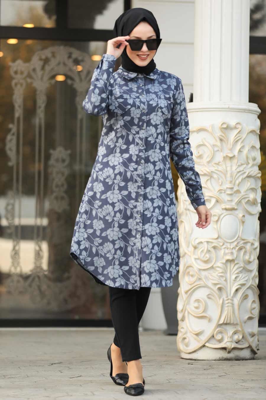 Neva Style Yaprak Detayl Lacivert Tesettr Tunik 4950l Tesetturisland Com Womens Dress Coats Fashion Design Clothes Fashion