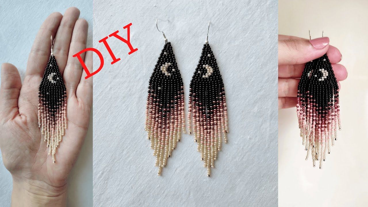beaded earrings tutorial for beginners with double brick stitch, beaded moon earrings - YouTube Seed Bead Jewelry Patterns, Beaded Flowers Patterns, Seed Bead Crafts, Beaded Earrings Patterns, Earring Patterns, Beaded Bracelets, Brick Stitch Pattern Earring, Brick Stitch Tutorial, Seed Bead Projects