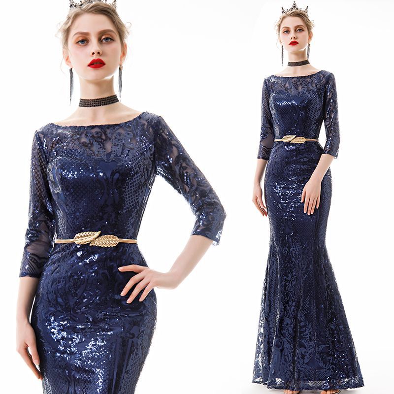 Affordable Navy Blue Sequins Evening Dresses 2019 Trumpet / Mermaid 3/4 Sleeve Square Neckline