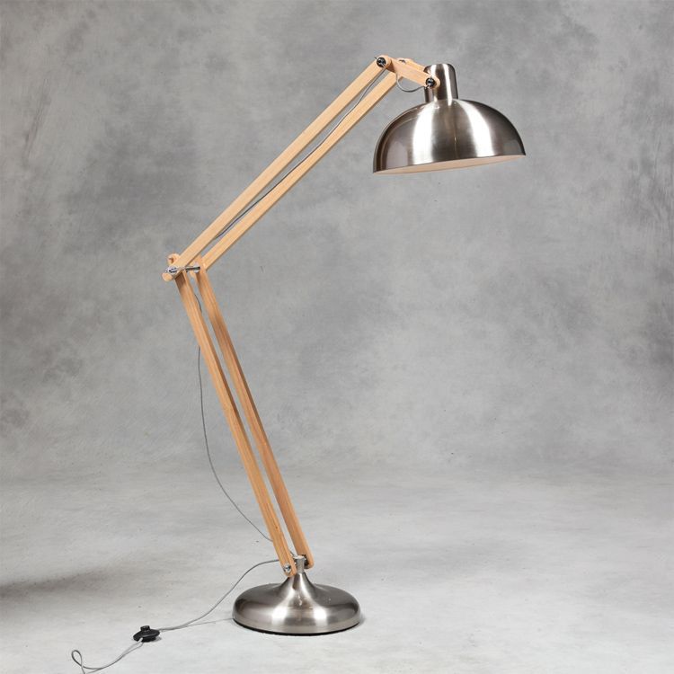 Brushed Steel With Wooden Arms Traditional Extra Large Classic Desk Style Floor Lamp Modern Vintage Lamps Wood Black Extra Large Floor Lamps, Large Vintage Style Floor Lamps