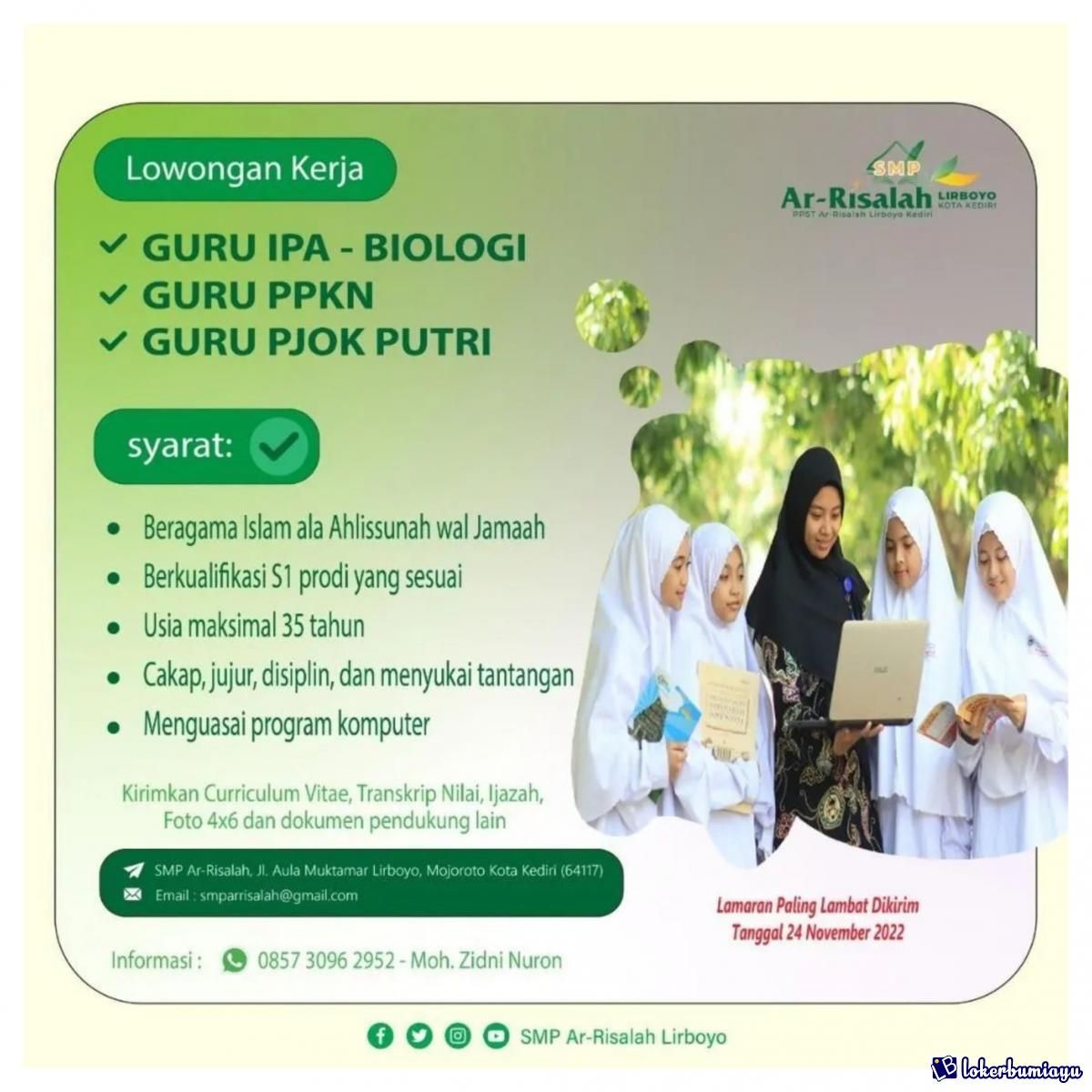 SMP Ar-Risalah Kediri adalah sekolah berbasis pesantren (SBP) terkemuka di Jawa Timur yang menyediakan lingkungan belajar berkualitas. SMP Ar-Risalah Kediri membuka lowongan kerja untuk posisi sebagai : 1. GURU IPA - BIOLOGI 2. GURU PPKN 3. GURU ... Ipa, Guru, Job Portal, Indonesian