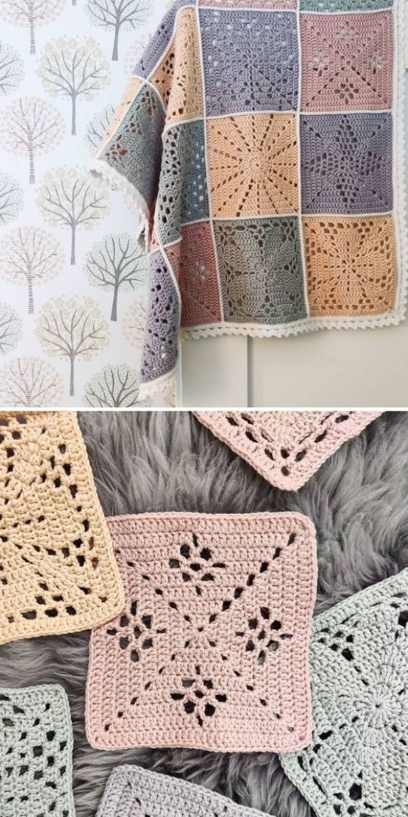 This subtle color combination will work perfectly both in boys’ and girls’ nursery, because dusty pastels are neutral. Crocheter behind blomulldesign Instagram page decided to use white yarn for joining and for delicate border, and you must admit that this effect is lovely! Take a look at the photos below to see for yourself how nice this lacy blanket is. #freecrochetpattern #natureswalkblanket #crochetpattern #crochetblanket #crochetideas #crochettips #crochet Granny Square Crochet Patterns Free, Crochet Square Blanket, Crochet Blocks, Afghan Crochet Patterns, Baby Blanket Crochet, Crochet Blankets, Joining Crochet Squares, Crochet Blanket Stitch Pattern, Crochet Bedspread Pattern