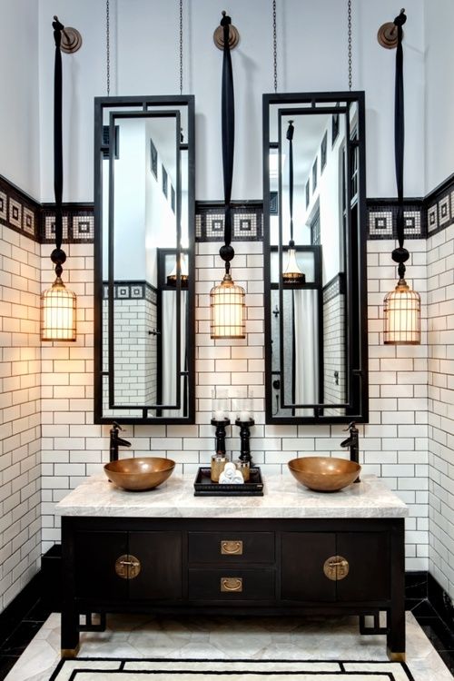 Black And Cream Dramatic Bathroom Tall Mirrors Hanging Pendants Black And Cream Dramatic Bathroom Tall