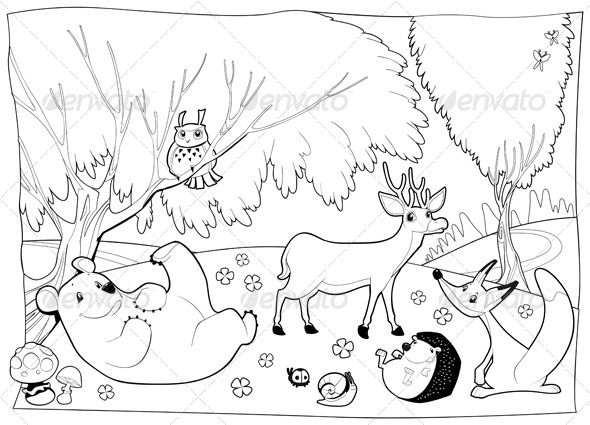 Animals in the Wood Black and White Animal coloring pages Detailed