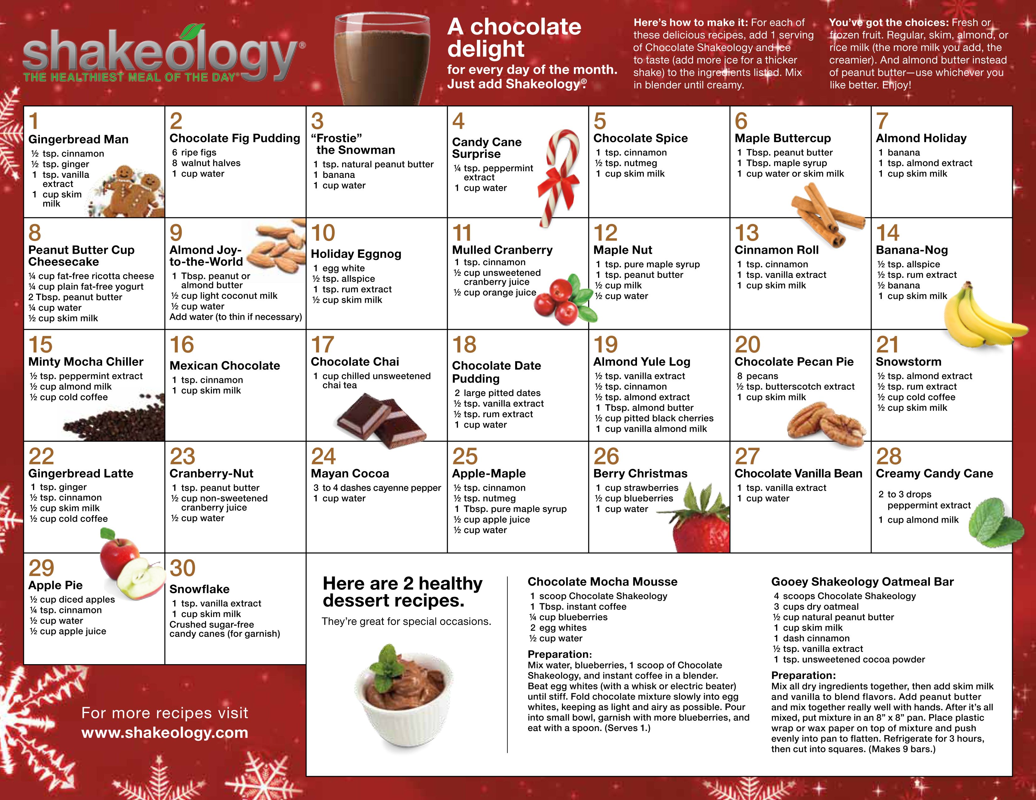 Shakeology Recipe Calendar - Chocolate #shakeology #recipes Best ...