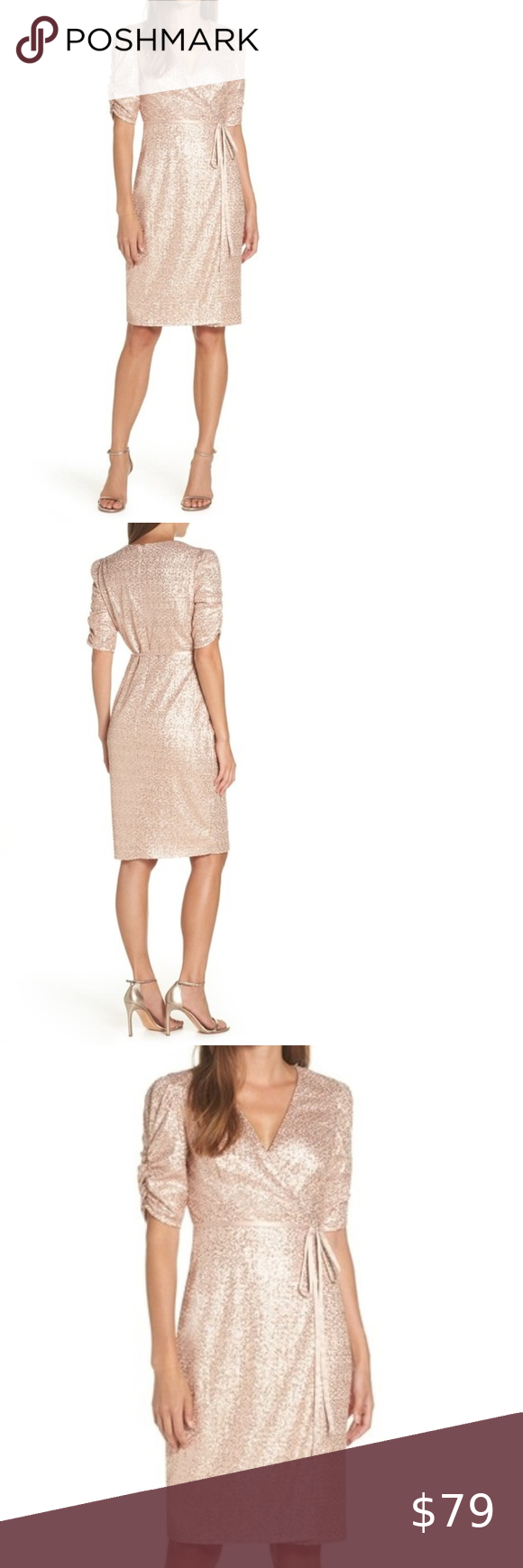 COPY - NWOT Eliza J Sequin Faux Wrap Dress 10 Pet⦠Ruching at the sleeves and the faux-wrap