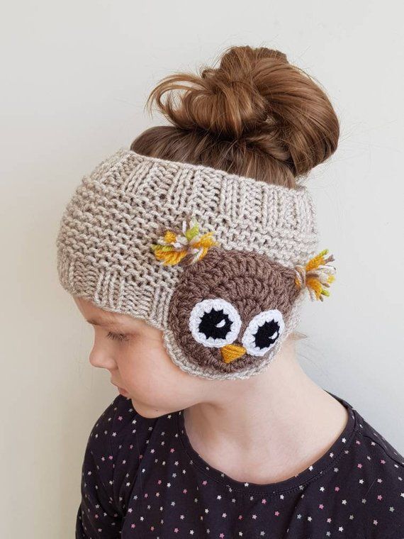 Owl Headband, Winter Accessory, Ear Warmer, Knit Headband, Earmuffs, Kids Outfit, Crochet Appliqués, Owl Motifs, Girls Accessories, Handmade