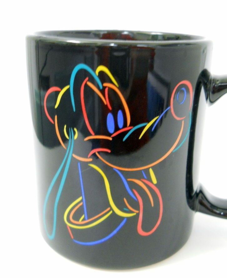 Disney Coffee Mug Pluto Dog Smiling Black Ceramic Neon Colors Orange Paw #Disney #disneycoffeemugs