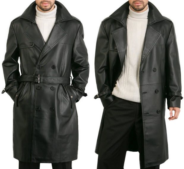 Mens Black Leather Full Length Split Motorcycle Duster Trench Coat