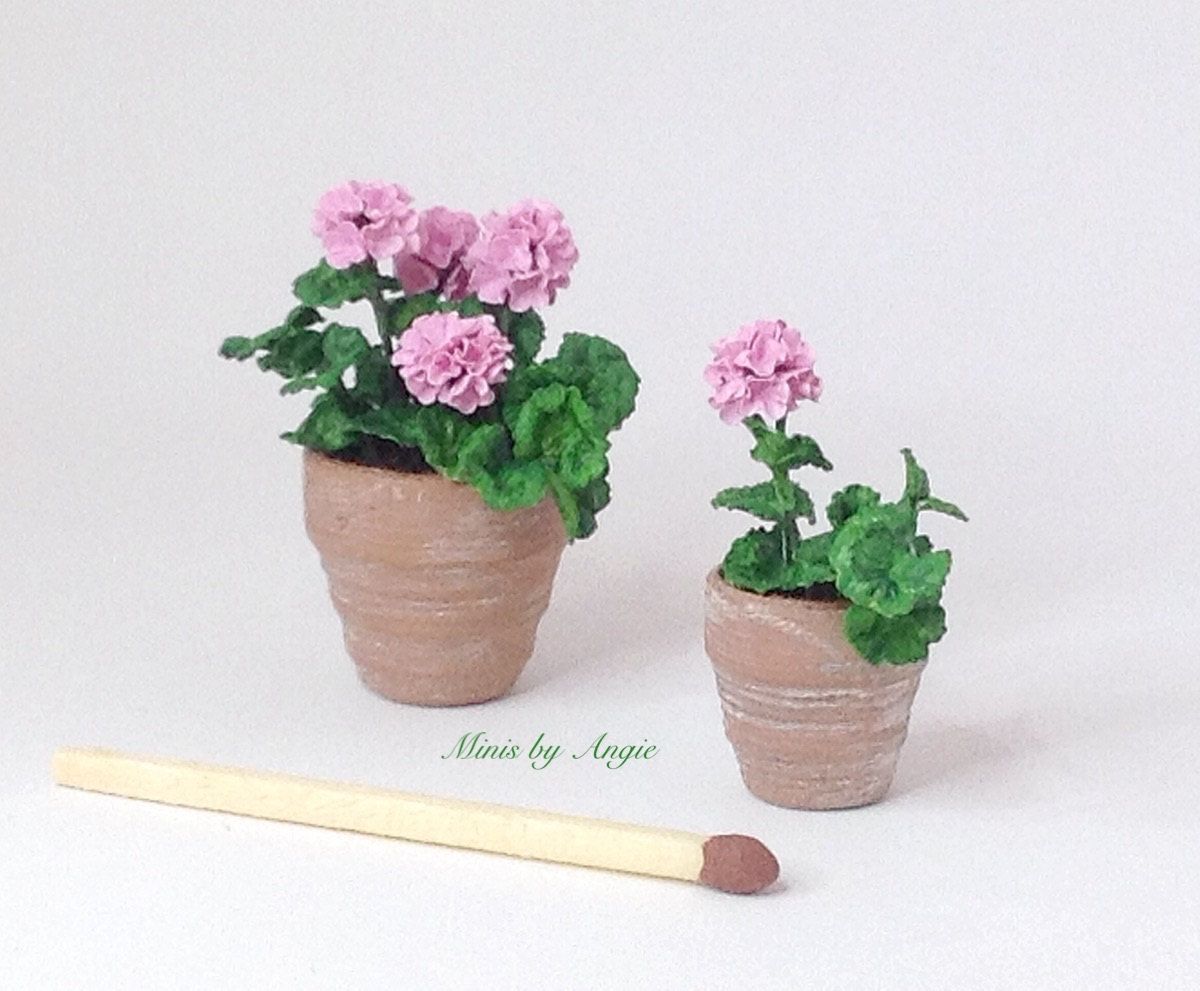 Violet Geranium Miniature Flower Handmade Clay Plant Dollhouse Garden Accessory