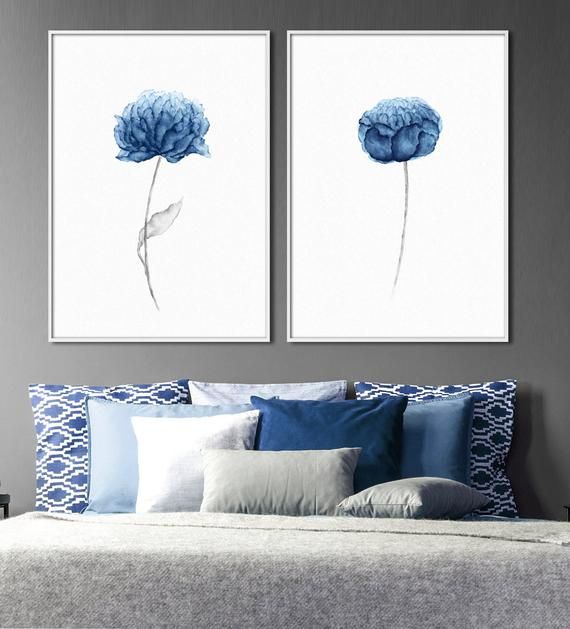 Blue peony flower watercolor paintings - set of two #bluepeonies