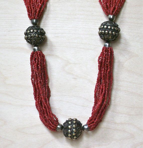 Nepali Folk Beads Nepalese Necklace with Oval Red Black Blue White Fused Glass Beads FREE SHIPPING Beads with Floral Design