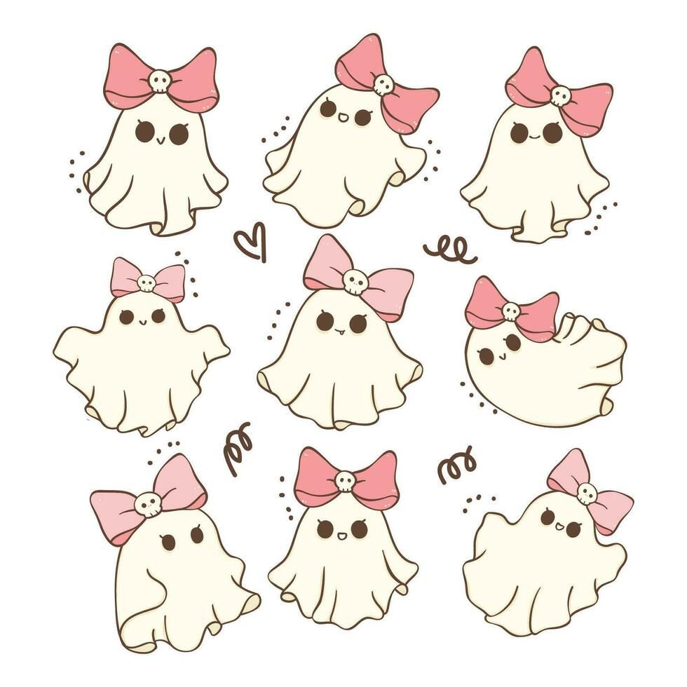 Cute Kawaii Pink Halloween Ghost Cartoon Doodle Drawing Collection. in