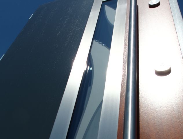 View of the wooden exterior doors to passive houses