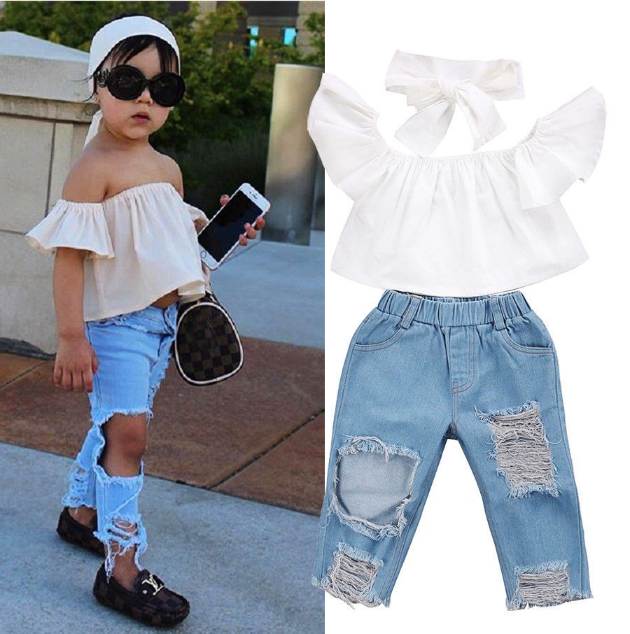 Baby Outfits Set Off Shoulder Tops Girls Clothing Set Denim Pants Hole Jeans