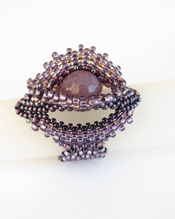Adjustable Beaded Peyote Ring in Purple and Lilac Seed Bead Jewelry