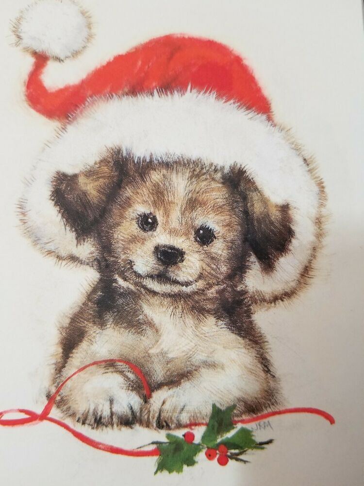 11 Vintage Hallmark Puppy Dog Santa Hat Christmas Cards Ambassador