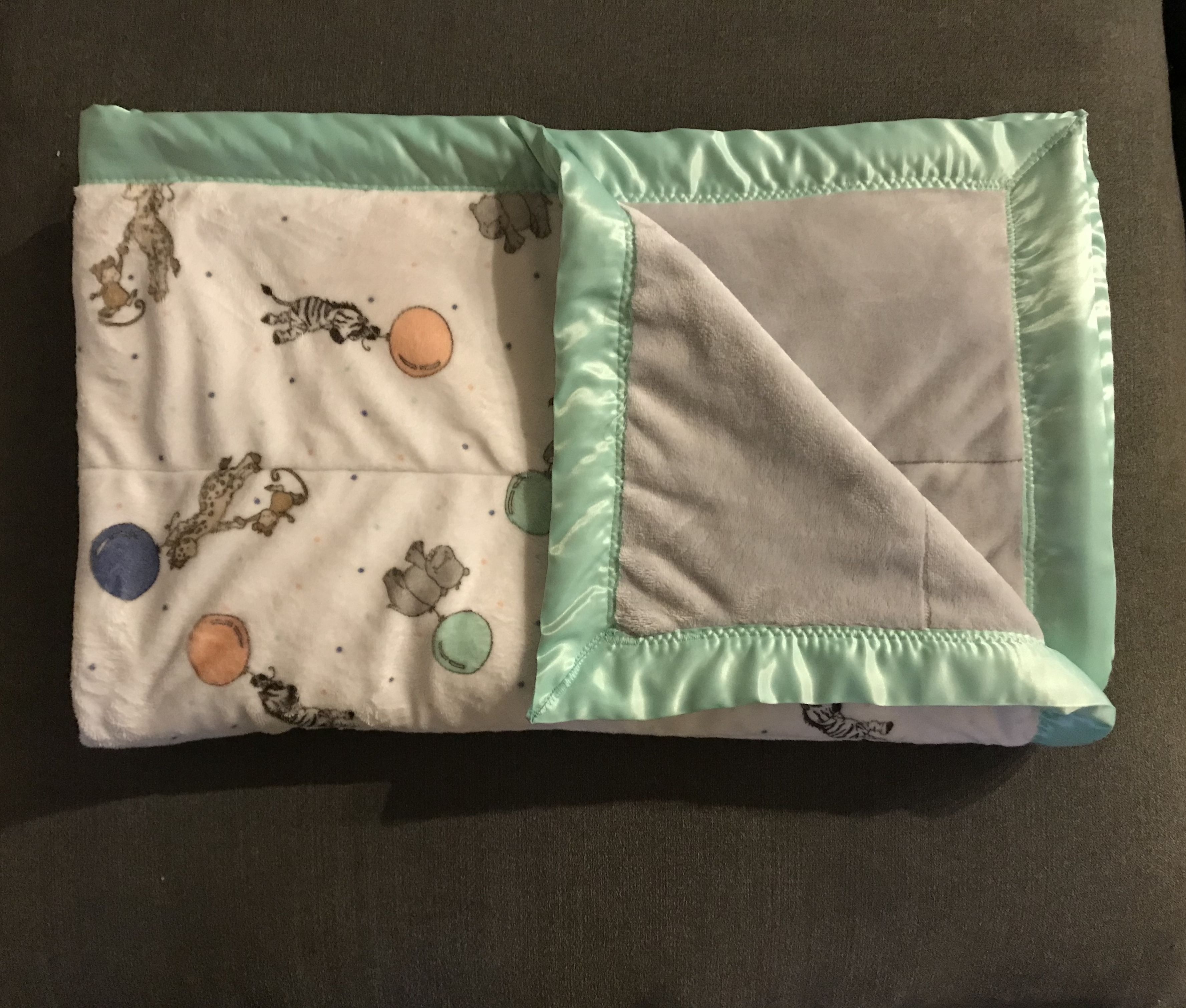Double sided minky fleece baby blanket with satin binding made with