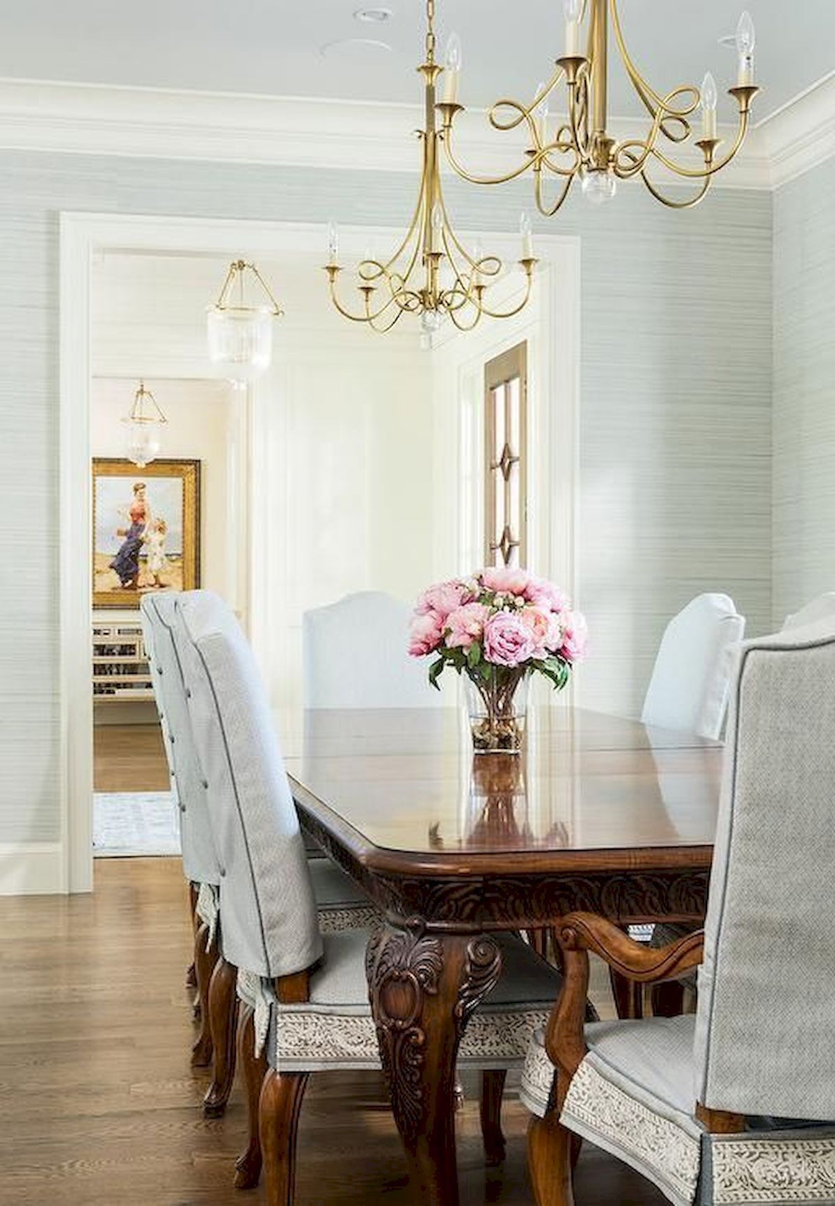 Wallpapered dining room. Blue wallpaper. Formal dining