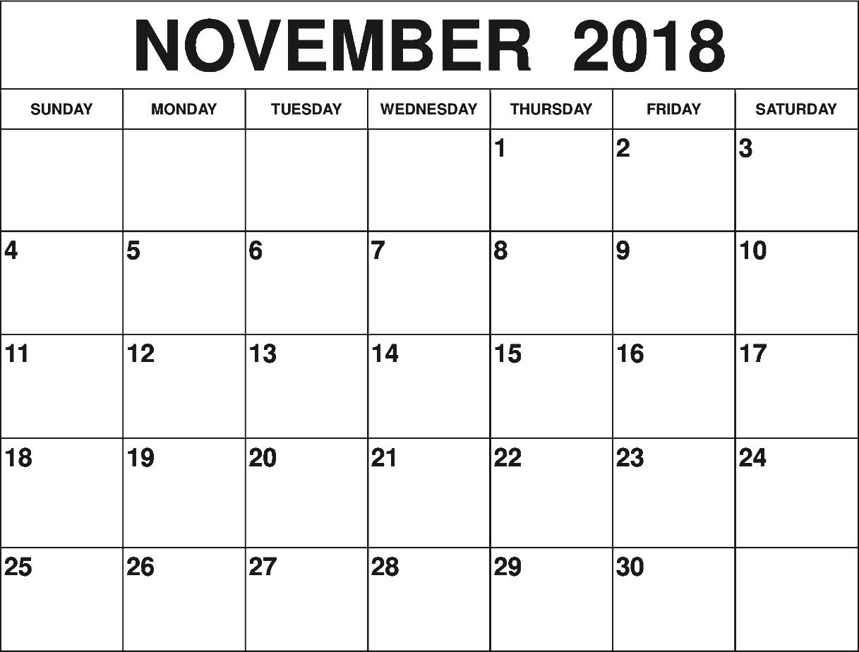 November 2018 Blank Calendar Monthly