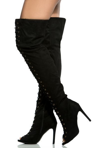 black lace up thigh heels