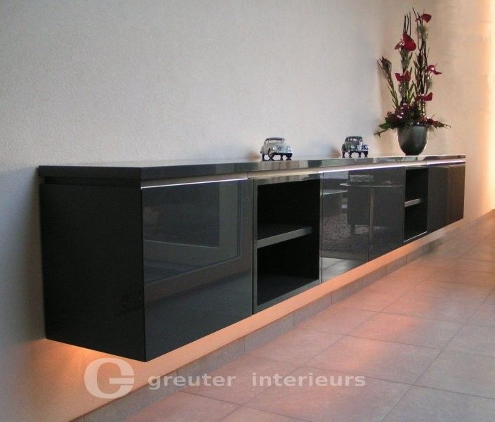 Wandkast cube in lak hoogglans antraciet met verlichting (eigen ... Wandkast cube in lak hoogglans antraciet met verlichting (eigen ...