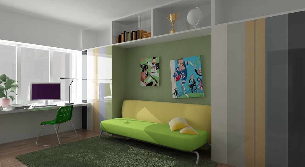 Green Sofa Furniture and White Shelving s Inspiration Office Desk Set, White Desk Office, Cozy Home Office, Stylish Office, Office Room, Modern Office, Modern Wall, Office Space, Home Office Furniture Design
