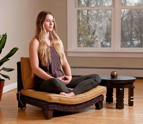 Seagrass meditation chair is curved to provide space for the feet and more support for the knees when sitting in any of the cross-legged poses. For variation, you can also cross your ankles on the ground in front of the chair as well. The chair is available in either Natural or Expresso frame with 8 choices of cushion covers. Dimensions: 31" w x 29" d x23" h Seat height: 8" WITH CUSHION Weight - 25 lbs Meditation Chair, Meditation Corner, Meditation Room Decor, Zen Meditation Space, Meditation Tattoo, Yoga Decor, Buddha Meditation, Meditation Cushion, Spiritual Meditation