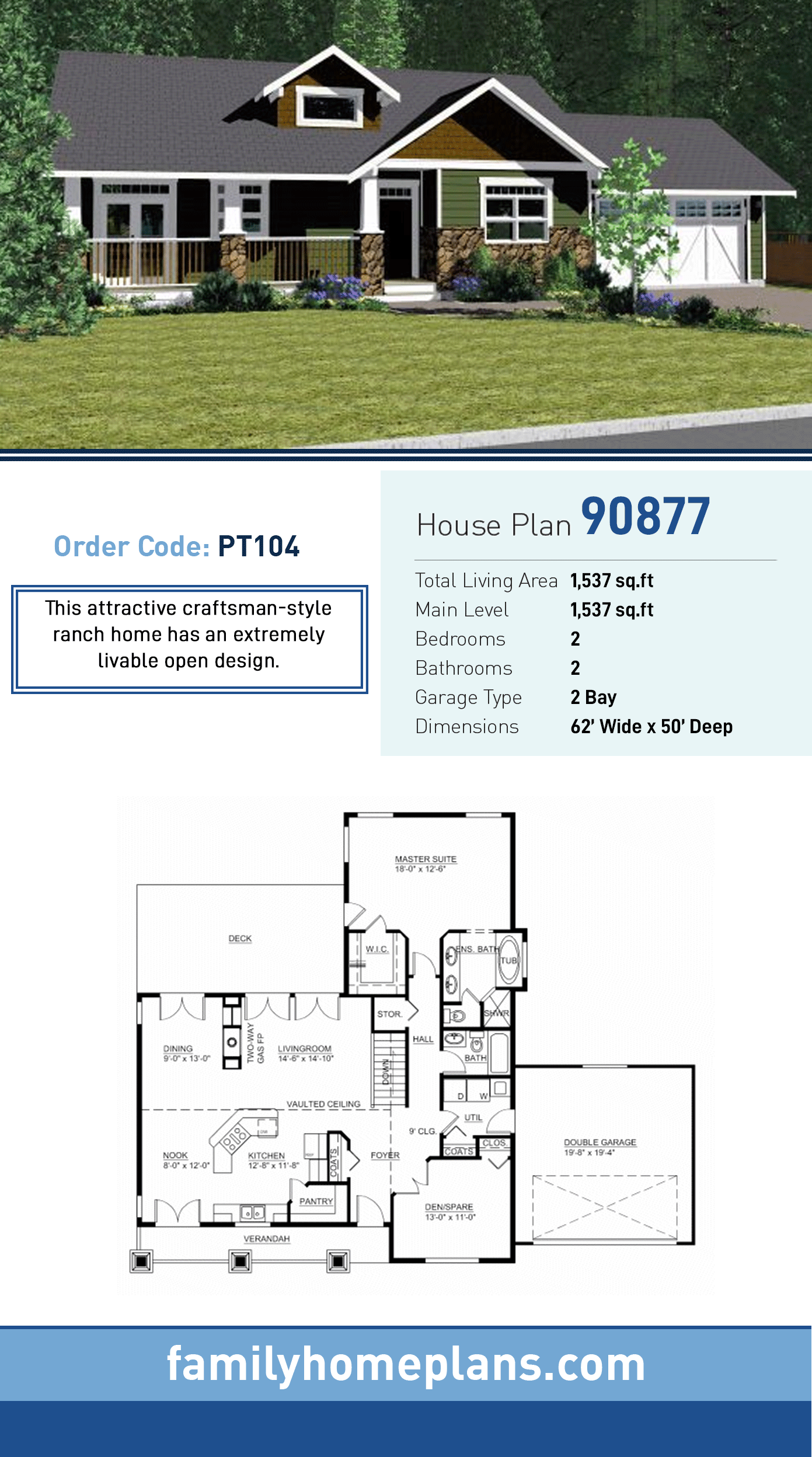 Plan 90877 - Craftsman House Plan with 2 Bed, 2 Bath #craftsmanstylehomes