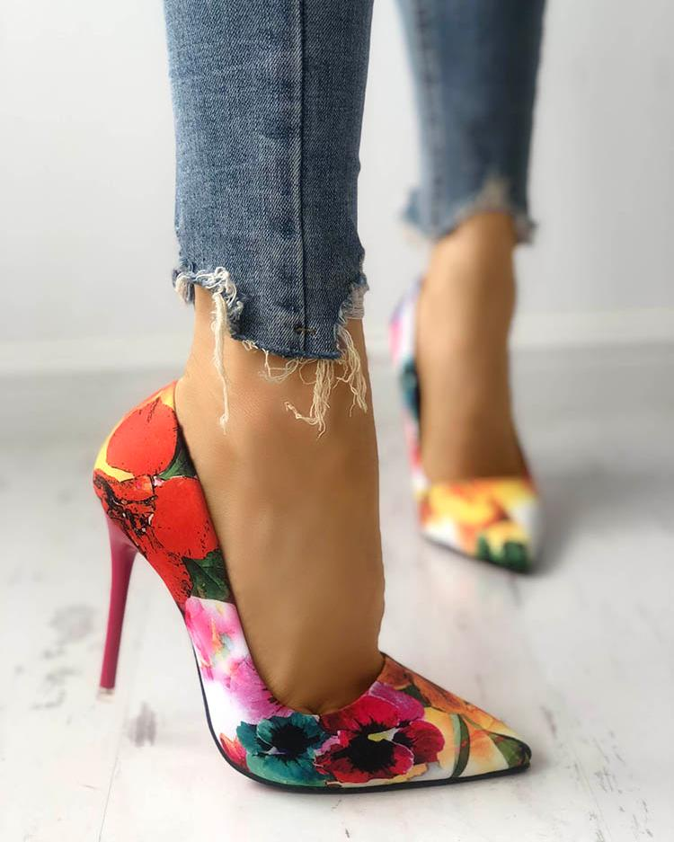 Floral print pointed toe high heels
