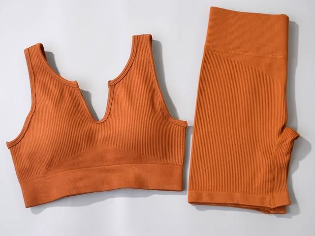 Women Seamless Yoga Sets Ribbed Workout Sets High Waisted Fitness Shorts Sexy Sports Bra with Padded Outdoor Clothing - U coffee / S