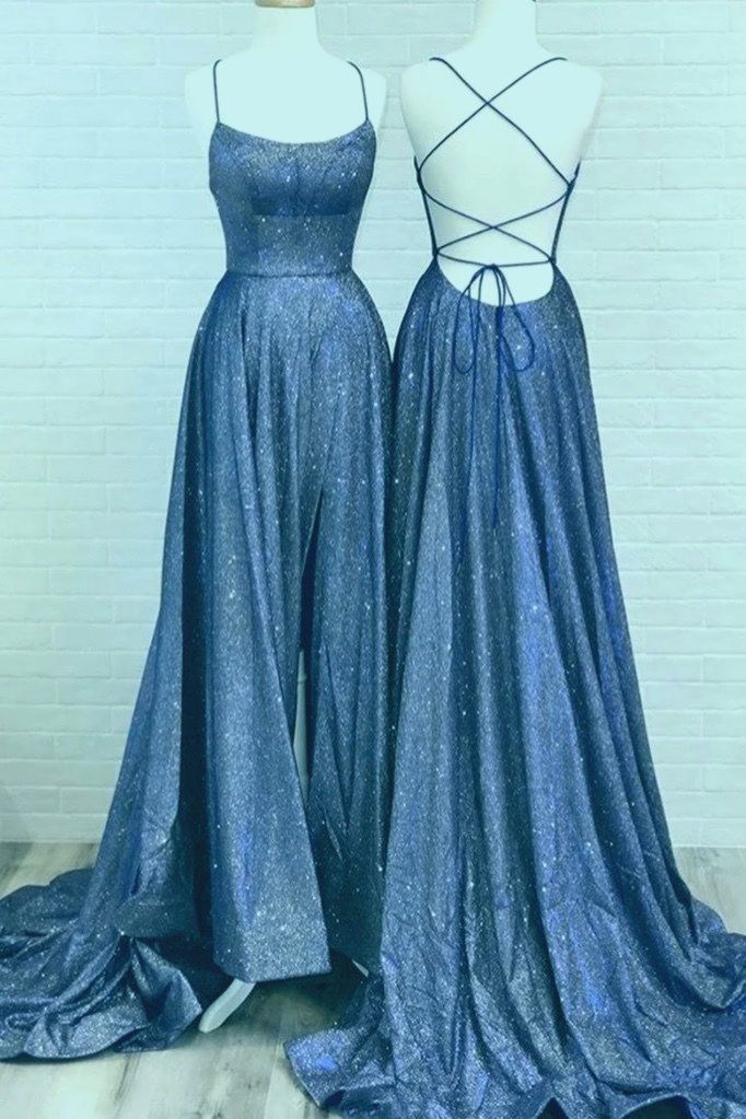 Einfache blaue Satin Sweep Zug rückenfrei schnüren Abendkleid, Abendkleid von ...
