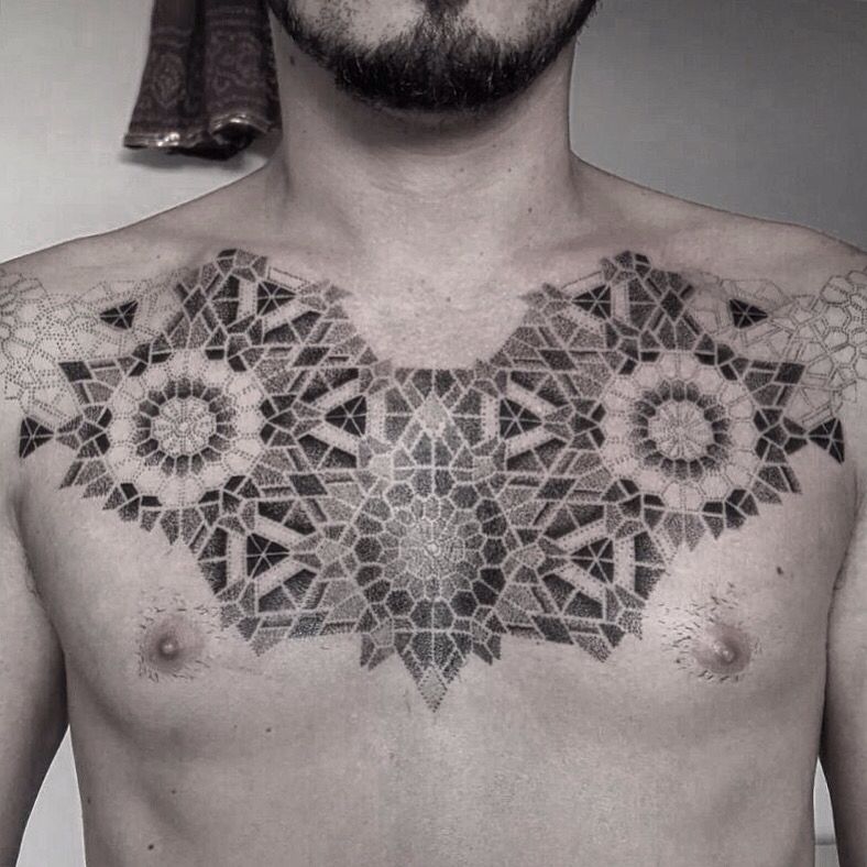 Geometric Chest Piece Made By Chalana Dots In Costa Rica Tattoodo Geometrie Tattoo Tattoos Manner Tattoo Hals