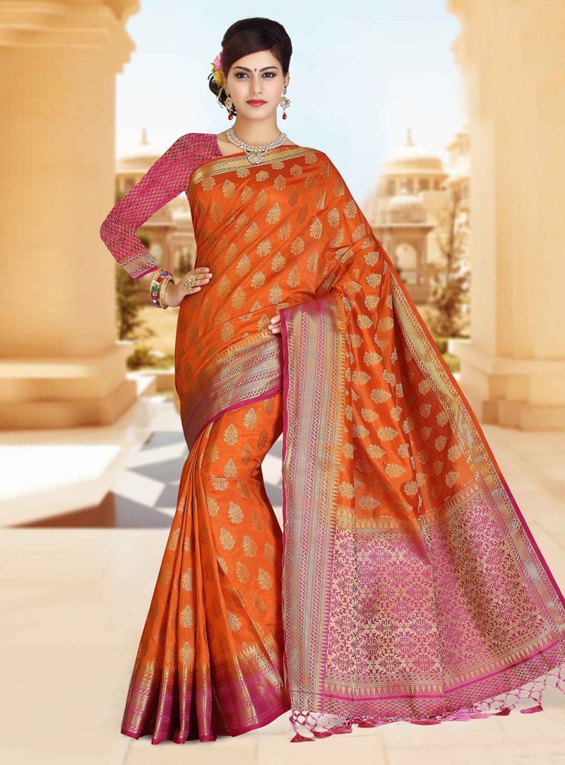 Buy Orange Art Silk Saree With Blouse 134976 with blouse online at lowest price from vast collection of sarees at Indianclothstore.com. Phulkari Saree, Kasavu Saree, Bandhini Saree, Velvet Saree, Orange Art, Pochampally Sarees, Art Silk Sarees, Indian Ethnic Wear, Blouse Online