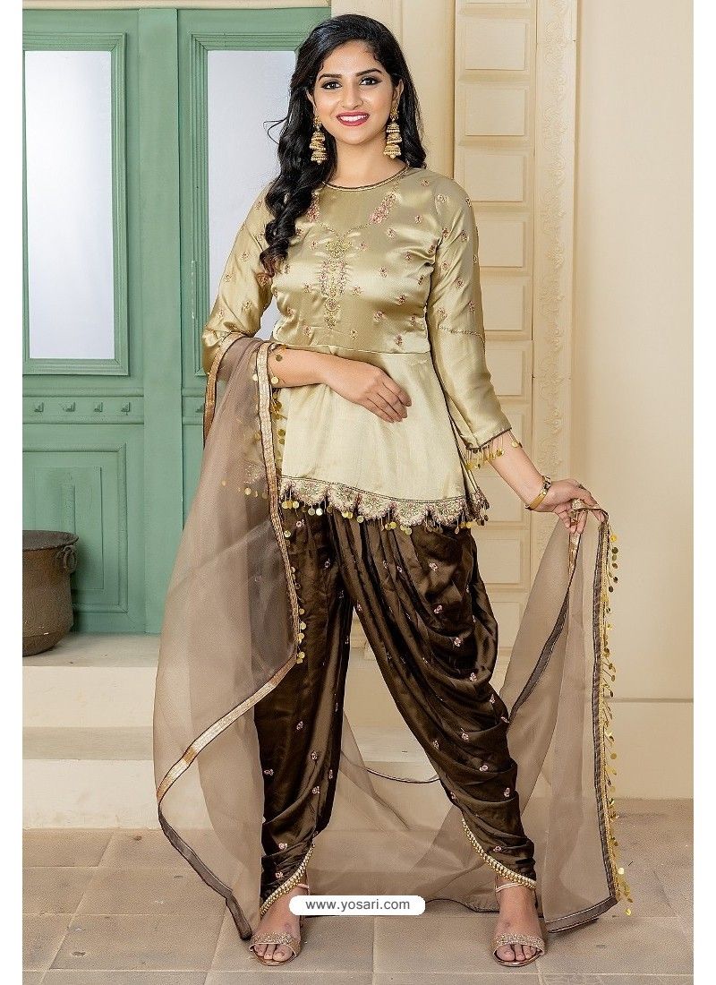 Cream And Coffee Malai Satin Stone Worked Designer Suit Salwar Kameez, Dhoti Salwar Suits, Salwar Suits Pakistani, Bollywood Suits, Designer Salwar Suits, Patiala Dress, Punjabi Dress, Lehnga, Churidar