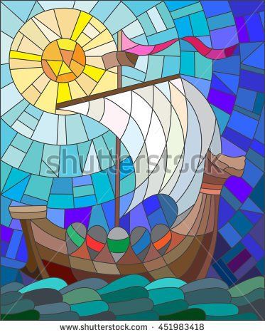 Illustration in stained glass style with antique ship against the sea, sky and sun Glass Painting Designs, Paint Designs, Free Coloring, Coloring Pages, Geometric Cat, Style Antique, Phone Art, Red Roof, Illustration