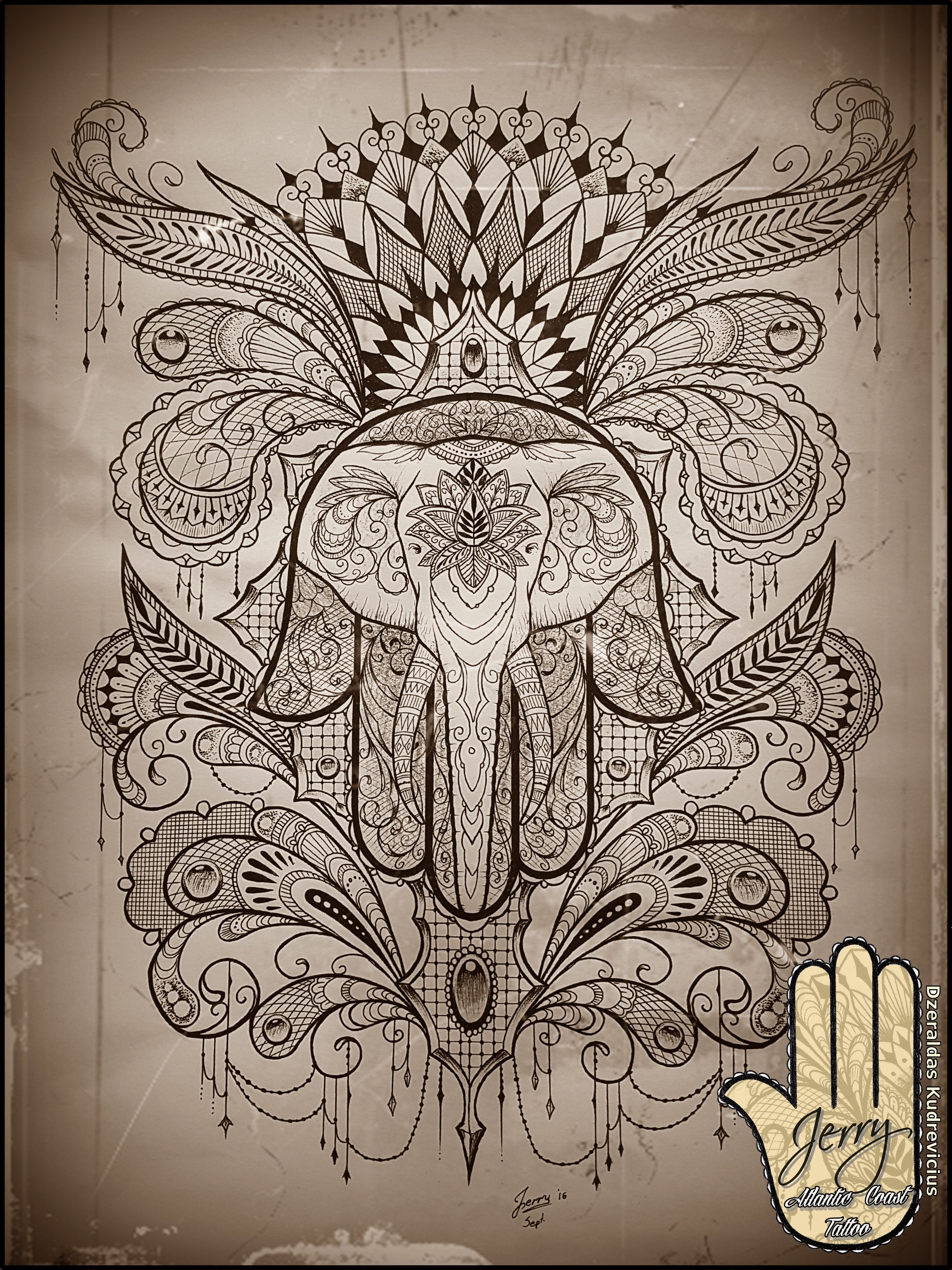 hamsa hand elephant tattoo idea design, mandala lace by Dzeraldas ...